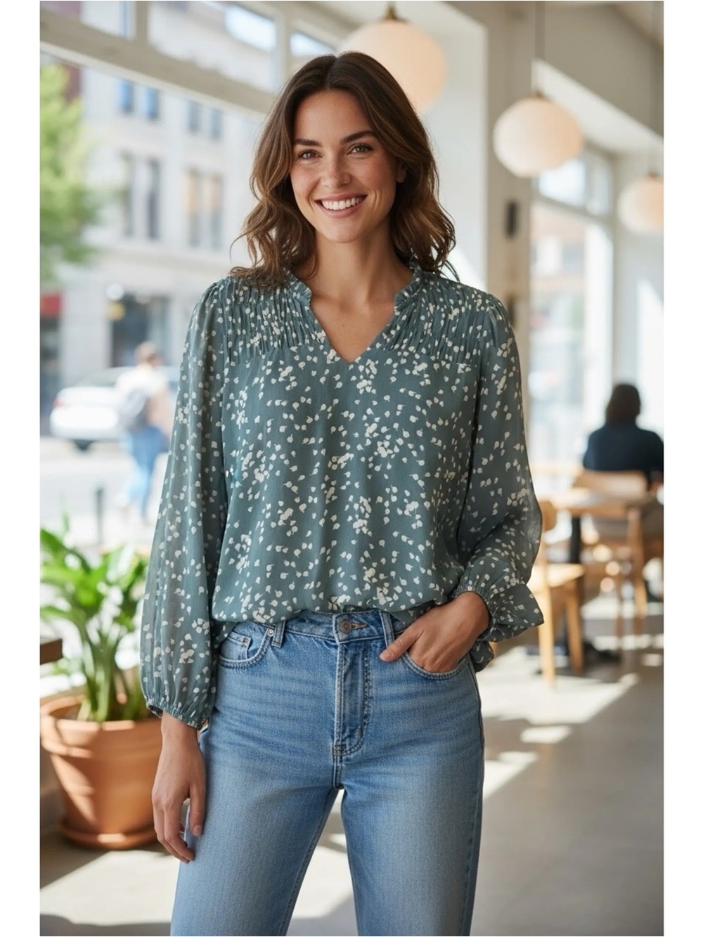 Dokotoo V Neck Alicia Floral Print Smocked Long Sleeve Chiffon Blouse Small